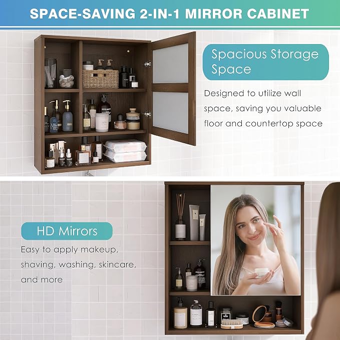 SMIBUY Bathroom Mirror Cabinet Wall Mounted, Bamboo Space Saver Medicine Cabinet - Image 7
