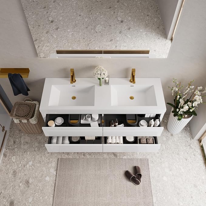 60" Wall-Mounted Bathroom Vanity, Double Sink Floating Cabinet - Image 7