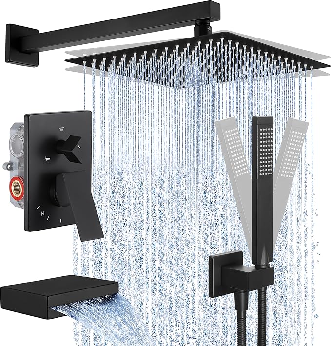 KES Black Shower Faucet Set Complete, 12 Inch Rainfall Shower Head by KES
