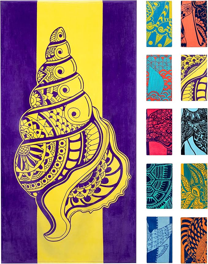 Nova Blue Seashell Beach Towel – Purple & Yellow Travel Beach Towel Made from by NovaBlueBeachAccessories