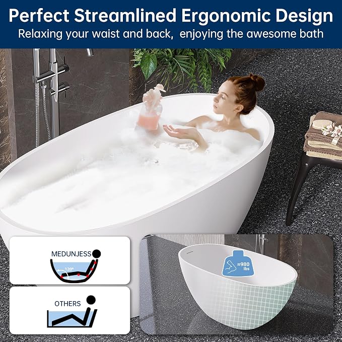 51" Stone Resin Freestanding Bathtub, Modern Oval Solid Surface Soaking Tub - Image 6