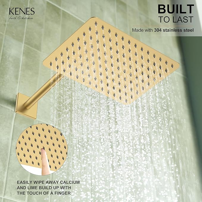 KENES Brushed Gold Rainfall Bathroom Shower System Rain Shower Head and Handle - Image 3