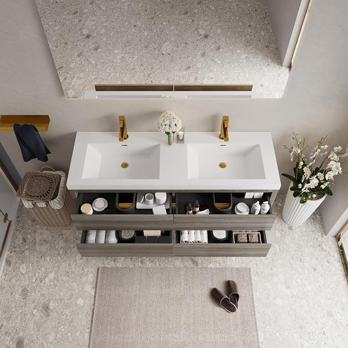 60" Wall-Mounted Bathroom Vanity, Double Sink Floating Cabinet - Image 3