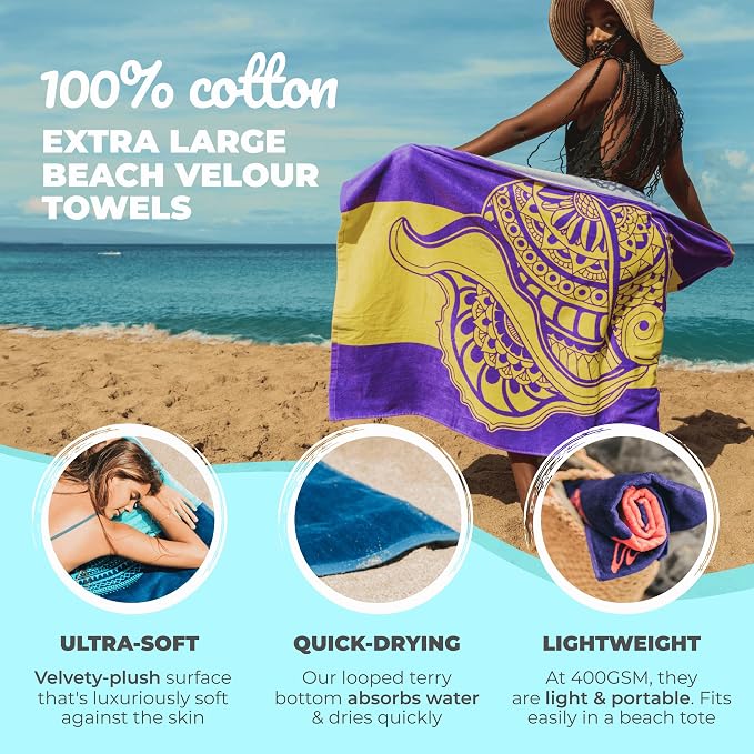 Nova Blue Seashell Beach Towel – Purple & Yellow Travel Beach Towel Made from - Image 2