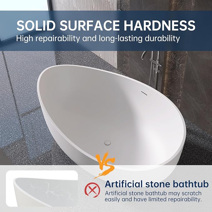 Stone Resin Freestanding Bathtub 71", Elegant Oval Shape Soaking Tub, Solid - Image 3
