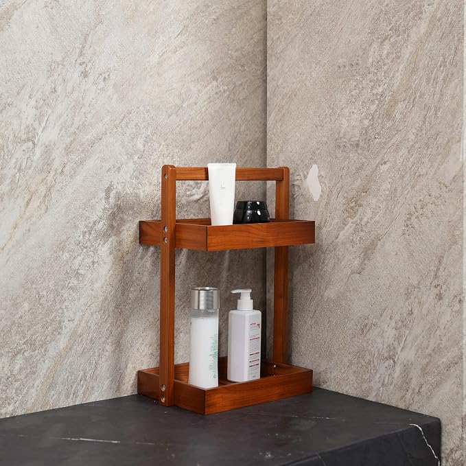 Utoplike Teak Wood Shower Caddy Corner, 2 Tier Bathroom Organizer Countertop - Image 3