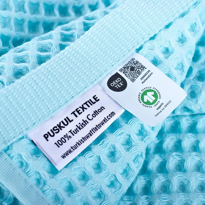 PÜSKÜL Organic Waffle Kitchen Towel 100% Turkish Cotton Set of 3 Turquoise - Image 3