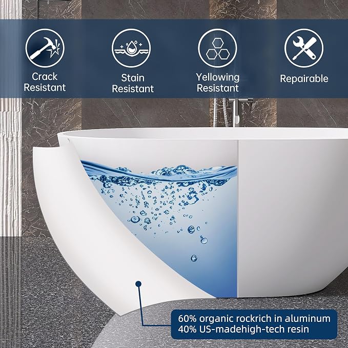 51" Stone Resin Freestanding Bathtub, Modern Oval Solid Surface Soaking Tub - Image 2