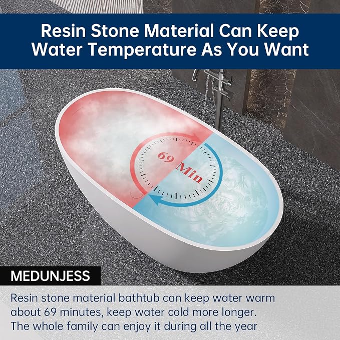 51" Stone Resin Freestanding Bathtub, Modern Oval Solid Surface Soaking Tub - Image 7