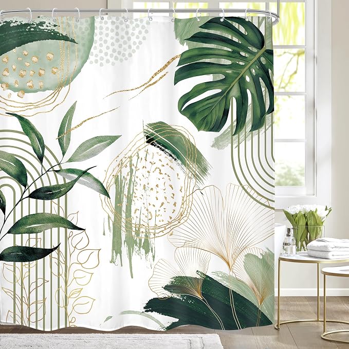 Sage Green Boho Shower Curtain 72Wx78H Mid Century Modern Tropical Palm Leaves by MitpokBrand
