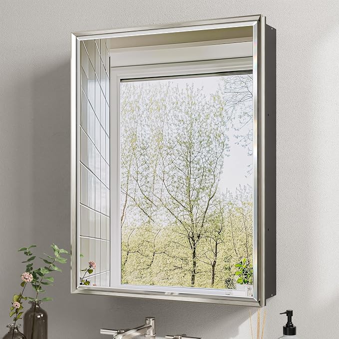 20''x 26'' Brushed Nickel Medicine Cabinet, Recessed or Surface Framed Medicine by QUEENFUN