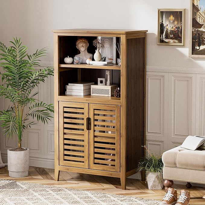 HITNET Walnut Bathroom Floor Cabinet, Bamboo Side Tall Storage Organizer - Image 2
