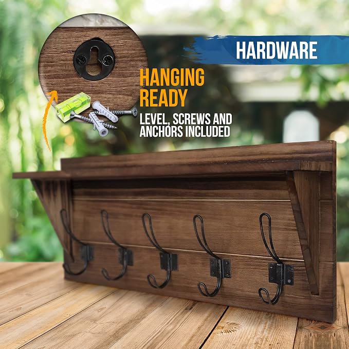 HBCY Creations Rustic Brown Solid Wood Wall Mounted Coat Rack - Image 3