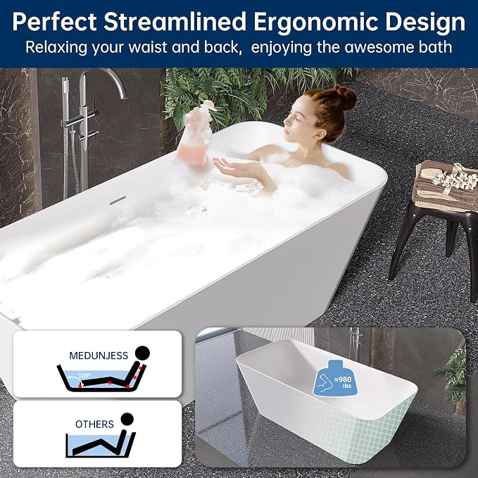 Stone Resin Freestanding Bathtub 67 ", Elegant Oval Shape Soaking Tub, Solid - Image 6