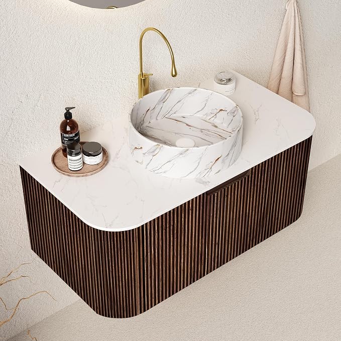 36" Floating Bathroom Vanity Without Sink, Marble Top, Solid Wood Surface and by Unknown