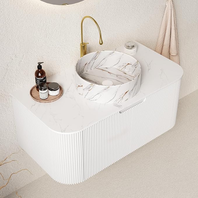 36" Floating Bathroom Vanity Without Sink, Marble Top, Solid Wood Surface and by Unknown